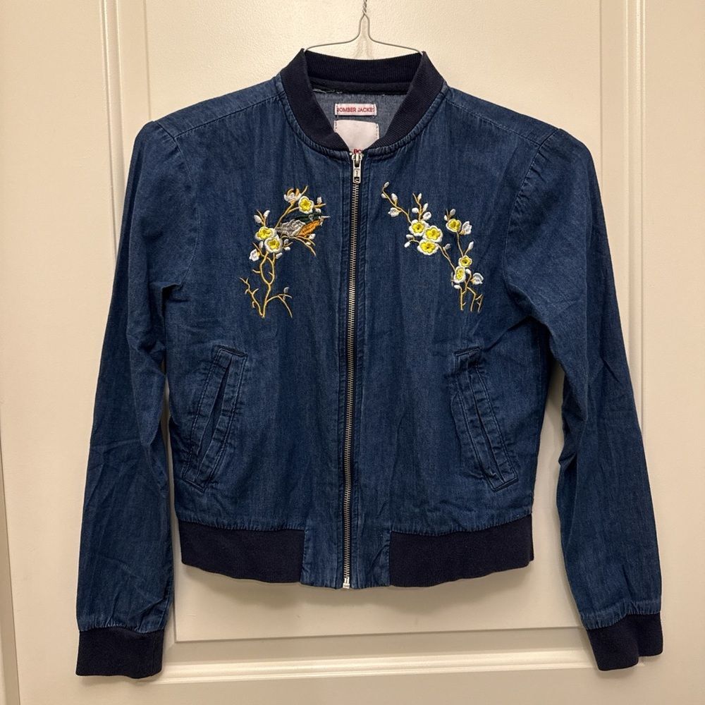 Bongo Denim Bomber Jacket with Floral Bird Embroidery - Picture 2 of 5